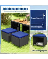 Gouun 4 Piece Outdoor Dining Set with Wood Topped Dining Table Rattan Loveseat Chair and 2 Ottomans