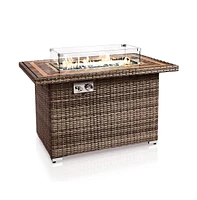 SereneLife 50,000 Btu Rectangle Wicker Propane Gas Fire Pit Table with Tile Top and Glass Wind Guard