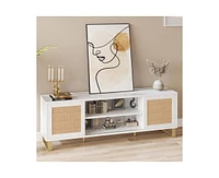 gaomon Rattan Tv Stand for 65 inch, Modern Entertainment Center with Marble Color Design, Tv Console Table with Storage, Doors and Shelves