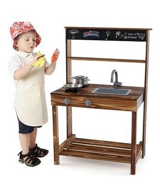 Gymax Kids Mud Kitchen Play Kitchen w/ Blackboard Stoves Removable Sink Natural