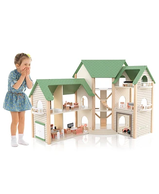 Gymax Wooden Corner Dollhouse Playset with 36 Pieces of Furniture and Accessories