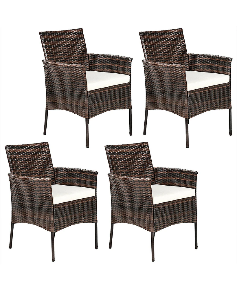 Gymax Patio 4PCS Rattan Arm Dining Chair Cushioned Sofa Furniture Brown