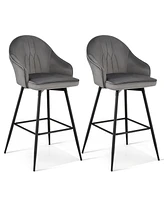 Gymax Set of 4 Velvet Bar Stools Swivel Pub Height Dining Chairs w/ Metal Legs Gray