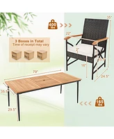 79 Inch Outdoor Acacia Wood Dining Table and 8 Rattan-woven Dining Chairs with Umbrella Hole