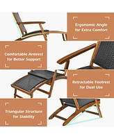 Gouun Patio Rattan Folding Lounge Chair with Acacia Wooden Frame Retractable Footrest