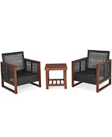 Gouun 3 Pieces Patio Wicker Furniture Set with Acacia Wood Table and Washable Cushion