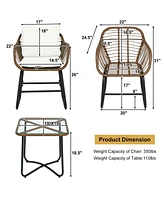Gouun 3 Pieces Patio Rattan Bistro Set Cushioned Chair Glass Table Deck