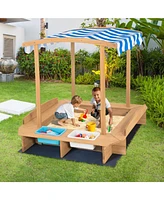 Gouun Kids Wooden Sandbox with Striped Canopy