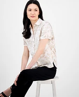 Anne Klein Women's Floral-Print Short-Sleeve Collared Blouse