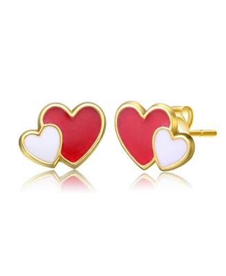 GiGiGirl Sterling Silver 14K Gold Plated Red & White Enamel Double Heart Stud Earrings