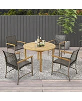 Gymax Outdoor Rattan Chair Set of 4 Patio Pe Wicker Dining Chairs w/ Acacia Wood Armrests Balcony Poolside