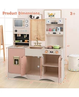 Gymax Kids Play Kitchen Pretend Playset w/ 2 Curtains & 16 Pcs Play Accessories Pink