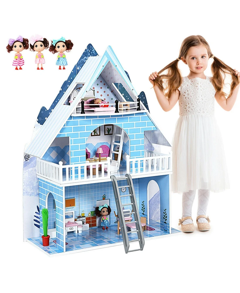 Gymax Wooden Dollhouse 3-Story Pretend Playset W/ Furniture & Doll Gift for Age 3+ Year