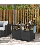 Gouun Outdoor Bar Cart Rolling Wicker Buffet Serving Cart with Tempered Glass Top Storage Cabinet and 8 Hooks