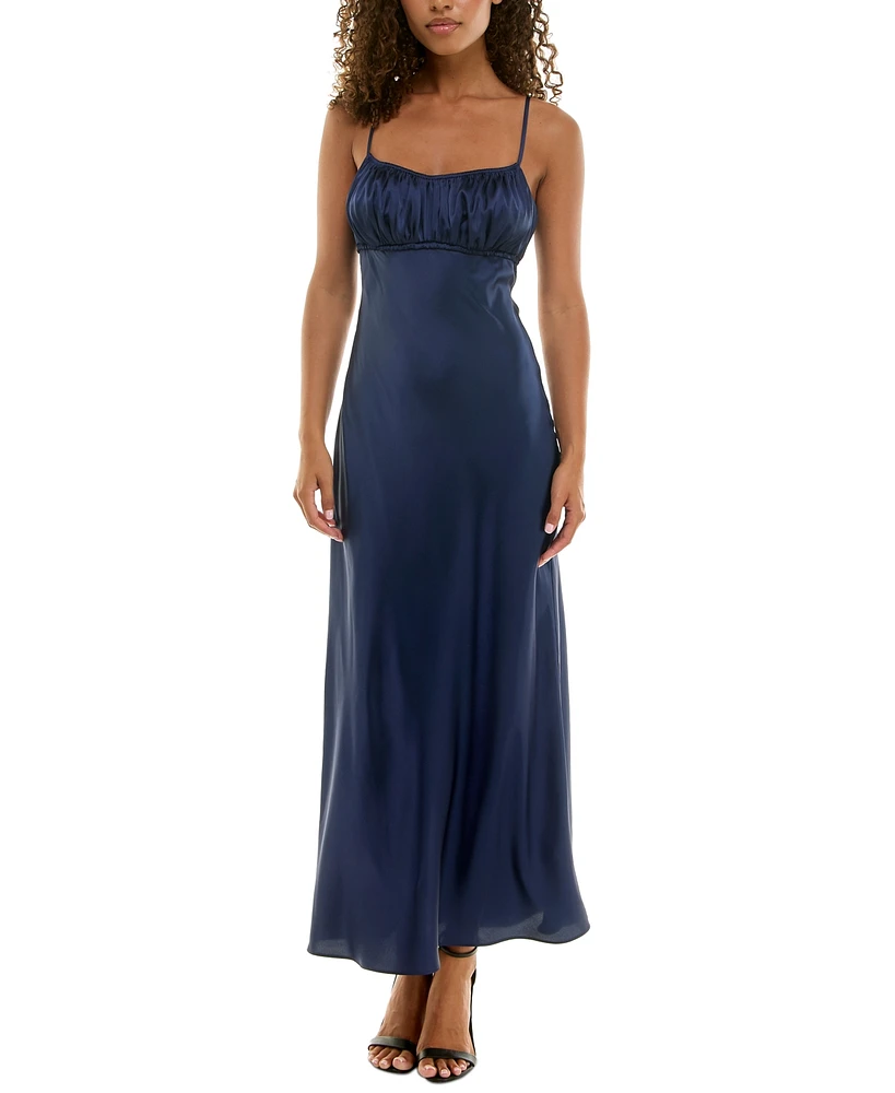 B Darlin Juniors' Emma Satin Strappy Scoop-Back Gown