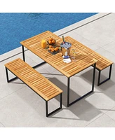 Gouun Acacia Wood Dining Table for 6 People with Slatted Tabletop and Umbrella Hole