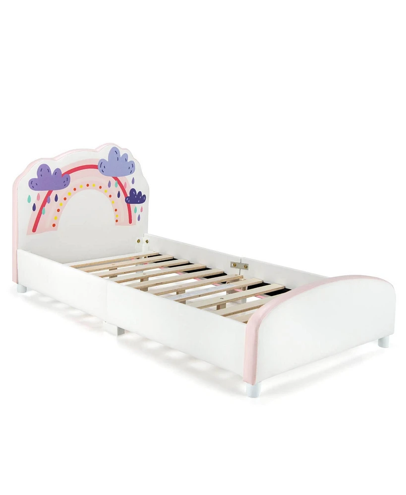 Gouun Kids Twin Size Upholstered Platform Wooden Bed with Rainbow Pattern