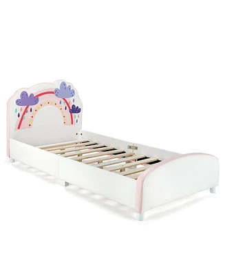 Gouun Kids Twin Size Upholstered Platform Wooden Bed with Rainbow Pattern