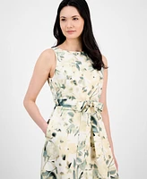 Anne Klein Women's Floral-Print Tie-Waist Sleeveless Dress