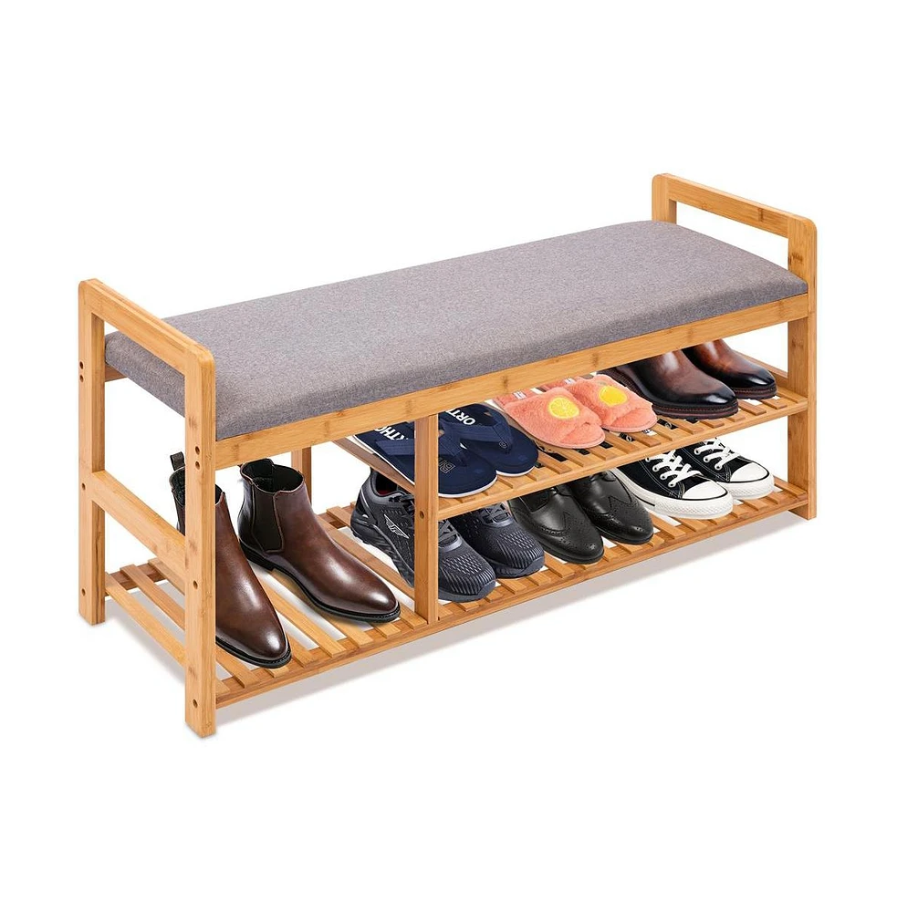 SereneLife 3 Tier Bamboo Shoe Bench with Seat Cushion, Natural Finish