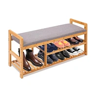 SereneLife 3 Tier Bamboo Shoe Bench with Seat Cushion, Natural Finish