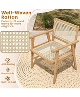 Gymax 2PCS Wood Chair Teak Wood Armchair w/ Rattan Seat & Curved Backrest Dining Chair Patio