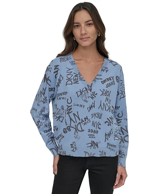 Dkny Jeans Women's Logo-Pattern V-Neck Long-Sleeve Pullover Sweater