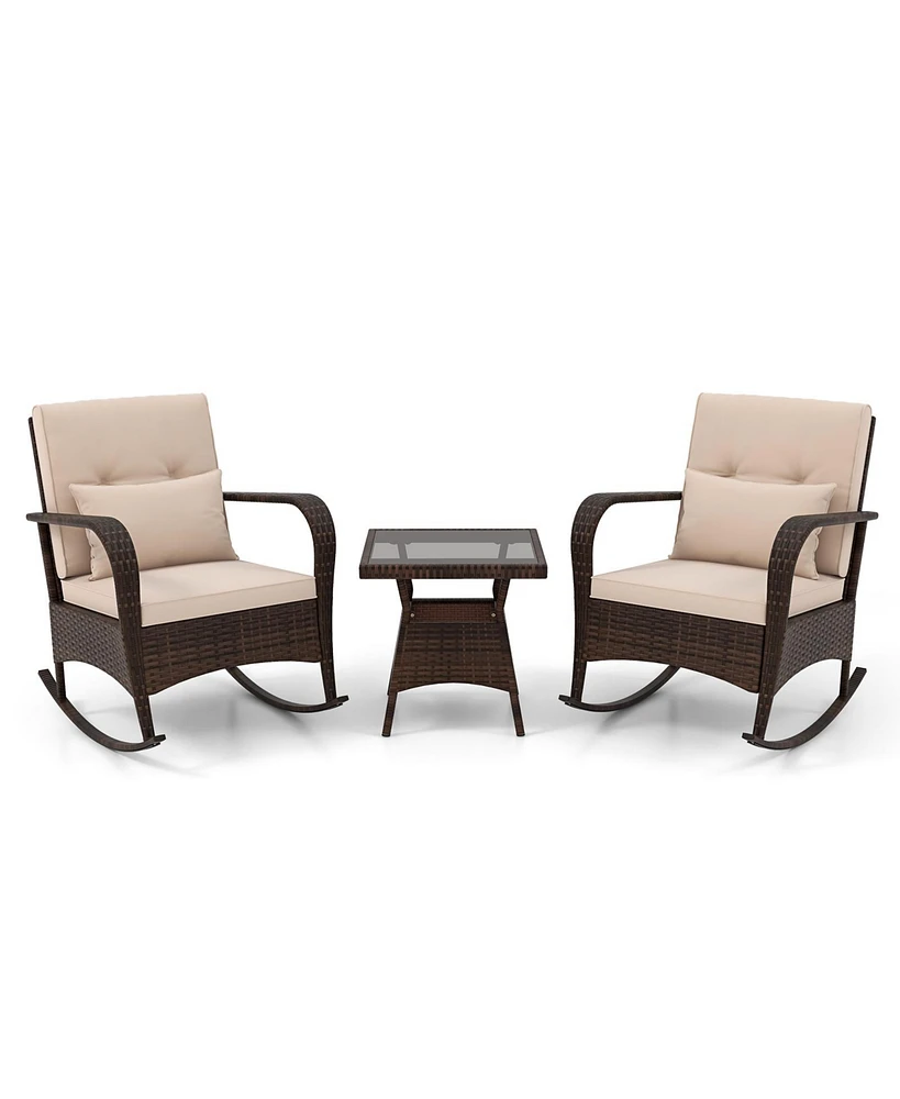 3 Piece Outdoor Rocking Set with Tempered Glass Table for Backyard Poolside