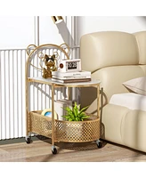 Gouun 2-Tier Mobile Glass Table with Bear Pattern