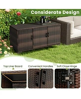 Gouun 84 Gallon Patio Wicker Deck Box 3-Door Pe Rattan Storage Container with Removable Shelves