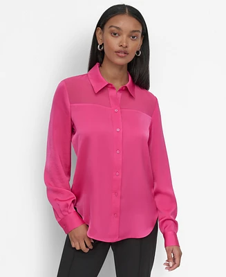 Dkny Petite Mixed-Media Chiffon-Yoke Blouse