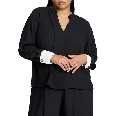 Eloquii Plus Neck Pleat Blouse With Contrast Cuff