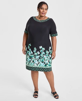 Jm Collection Plus Border-Print Short-Sleeve Shift Dress, Exclusively at Macy's