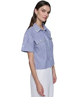 Karl Lagerfeld Paris Women's Embellished Poplin Striped Button-Front Top, Regular & Petite