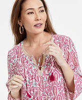 Jm Collection Women's Printed Split-Neck 3/4-Sleeve Top, Exclusively at Macy's