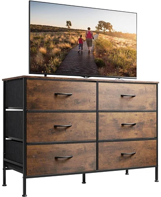 Wlive Wide Dresser with 6 Drawers Tv Stand for 50/" Tv Entertainment Center with Metal Frame Wooden Top Fabric Storage Dresser for Bedroom Hallway Ent