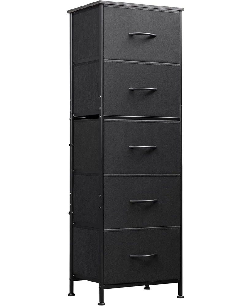 Wlive Fabric Dresser 5-Drawer Tall for Bedroom Storage Organizer with Bins Wood Top Sturdy Steel Frame Chest of Drawers Clo