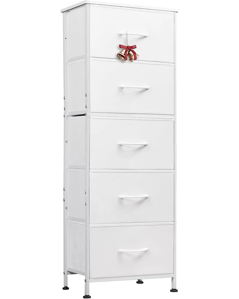 Wlive Fabric Dresser 5-Drawer Tall for Bedroom Storage Organizer with Bins Wood Top Sturdy Steel Frame Chest of Drawers Clo