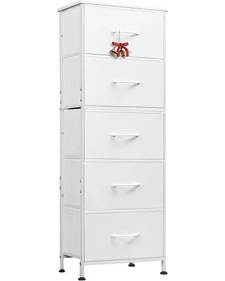 Wlive Fabric Dresser 5-Drawer Tall for Bedroom Storage Organizer with Bins Wood Top Sturdy Steel Frame Chest of Drawers Clo
