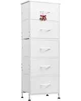 Wlive Fabric Dresser 5-Drawer Tall for Bedroom Storage Organizer with Bins Wood Top Sturdy Steel Frame Chest of Drawers Clo