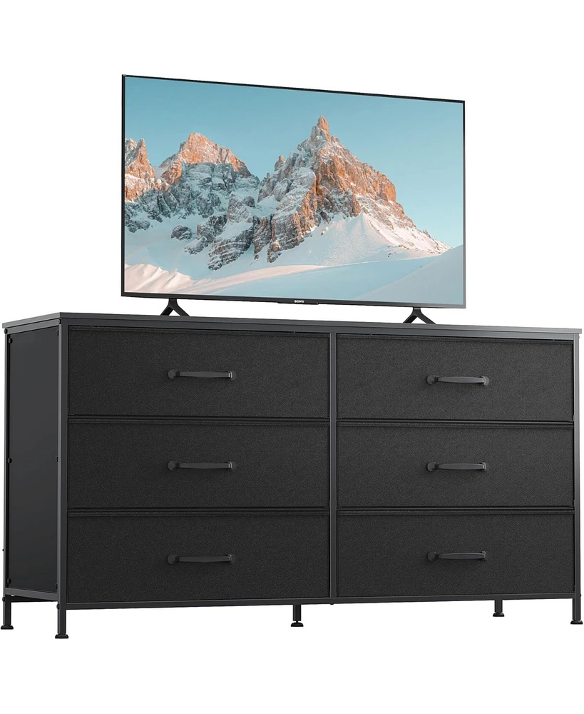 Wlive Wide Fabric Dresser 6 Drawer Tv Stand for 60/" Dressers Bedroom Furniture Large Storage Tower Unit with Bins Bedro