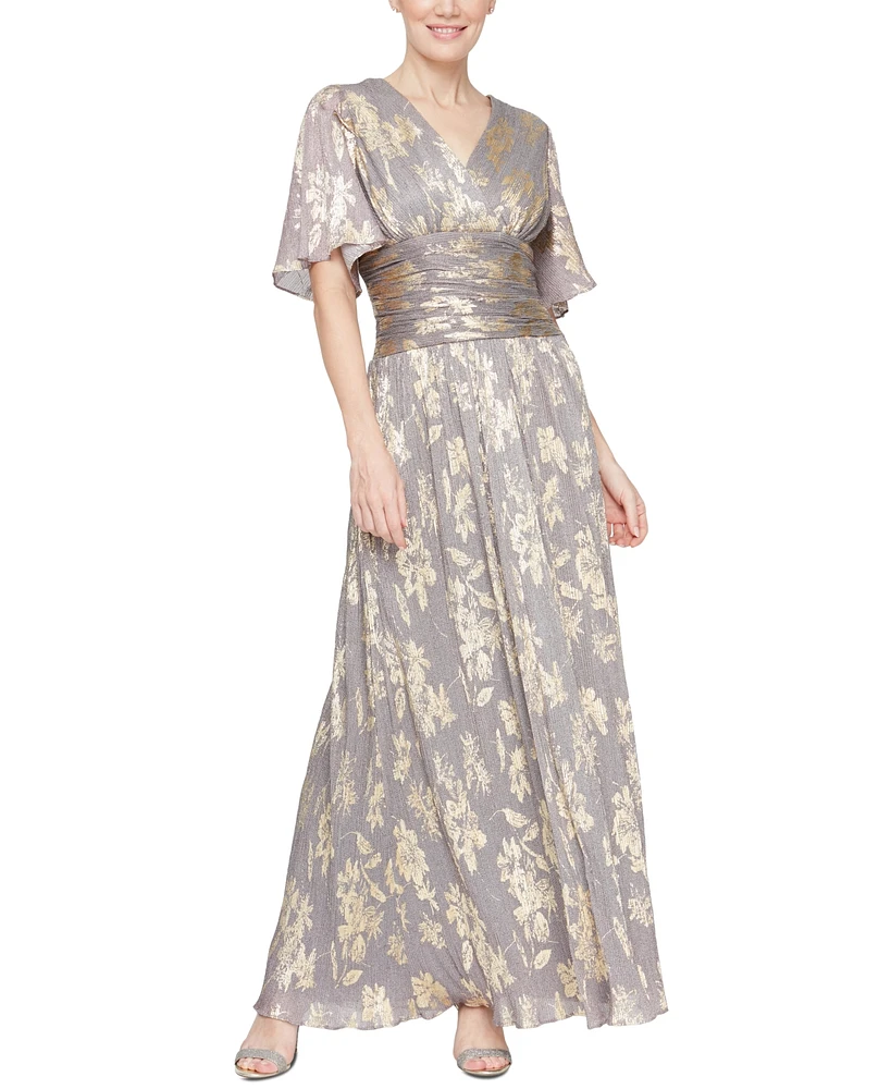 Sl FAshions Women's Foil-Print V-Neck Ruched-Waist Gown