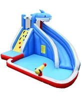 Gymax Inflatable Water Park Bounce House Slide Shark w/ Climbing Wall Splash Pool