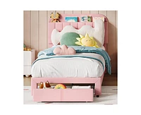 gaomon Twin Bed Frame with Drawer, Velvet Upholstered Platform Bed Frame with Storage Headboard, No Box Spring Needed, Easy Assembly