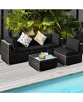 Gouun 5 Pieces Cushioned Patio Rattan Furniture Set with Glass Table