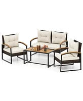 Gouun 4 Pieces Patio Conversation Set with Acacia Wood Armrests and Tabletop and Cushions