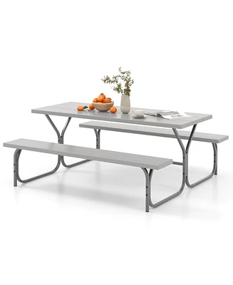 Gouun 6 Ft Picnic Table Bench Set Dining and 2 Benches with Metal Frame Hdpe Tabletop