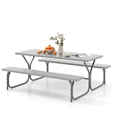 Gouun 6 Ft Picnic Table Bench Set Dining and 2 Benches with Metal Frame Hdpe Tabletop