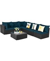 Gouun 7 Pieces Sectional Wicker Furniture Sofa Set with Tempered Glass Top-Peacock