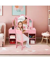 gaomon Kids Vanity Set, 2-in-1 Princess Makeup Table with Tri-Folding Mirror & Drawer, Stool, Toddler Vanity, Pretend Play Set for